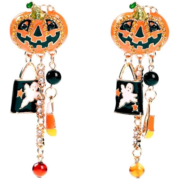 Women Orange Halloween Pumpkin Long Tassels Smiling Face Drop Earrings Jewelry - Picture 1 of 7